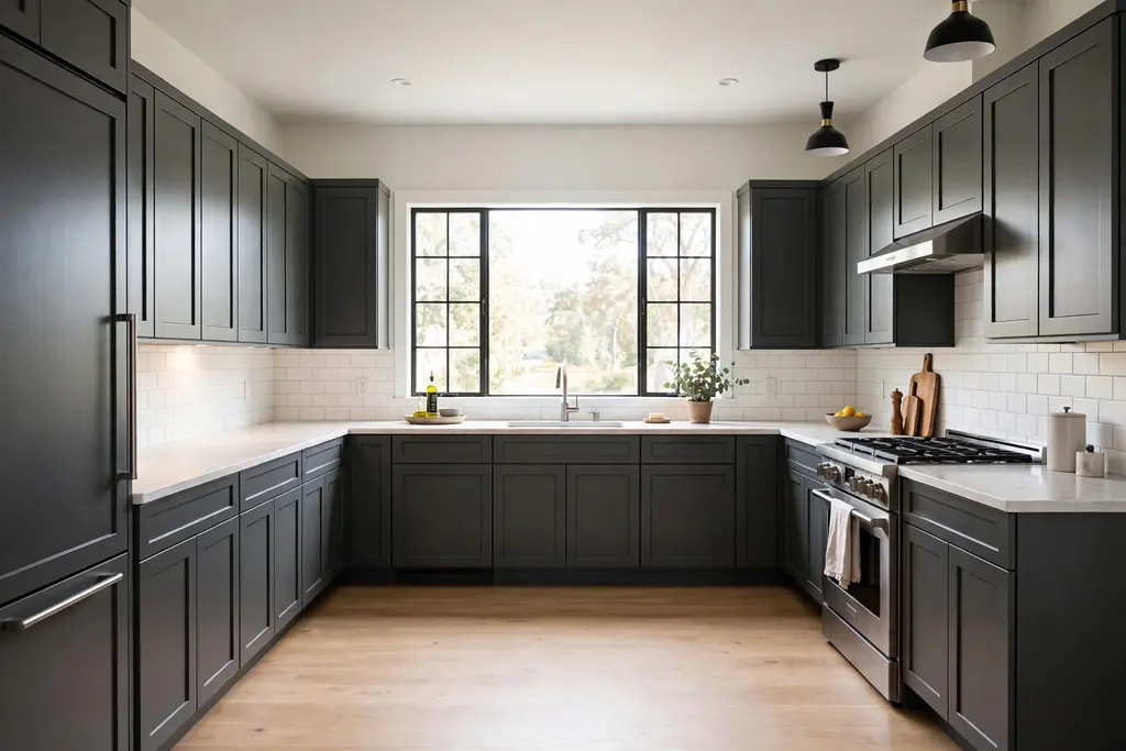 U-shaped dark grey kitchen with cabinets on three sides, pale counters and a bright window.