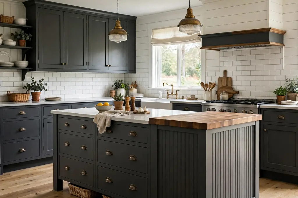 Farmhouse dark grey kitchen with beadboard island ends, cup pulls on drawers and a wood counter section.