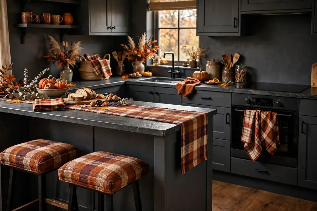 Dark grey kitchen softened with rust and plaid dish towels, a table runner and stool cushions.