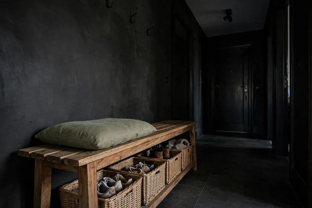 Low bench in a dark hallway with shoe baskets stored underneath.