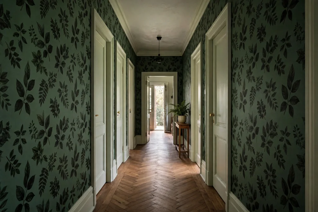 Hallway with moody botanical wallpaper in deep green and pale trim.