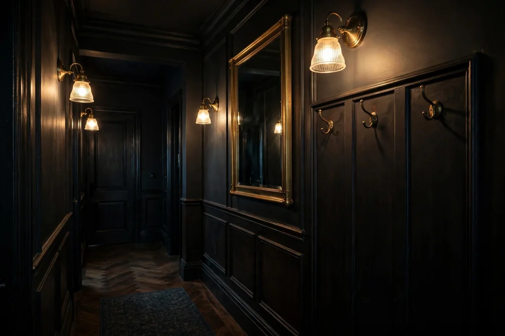 Dark hallway with brass light fittings, hooks, and a mirror frame.