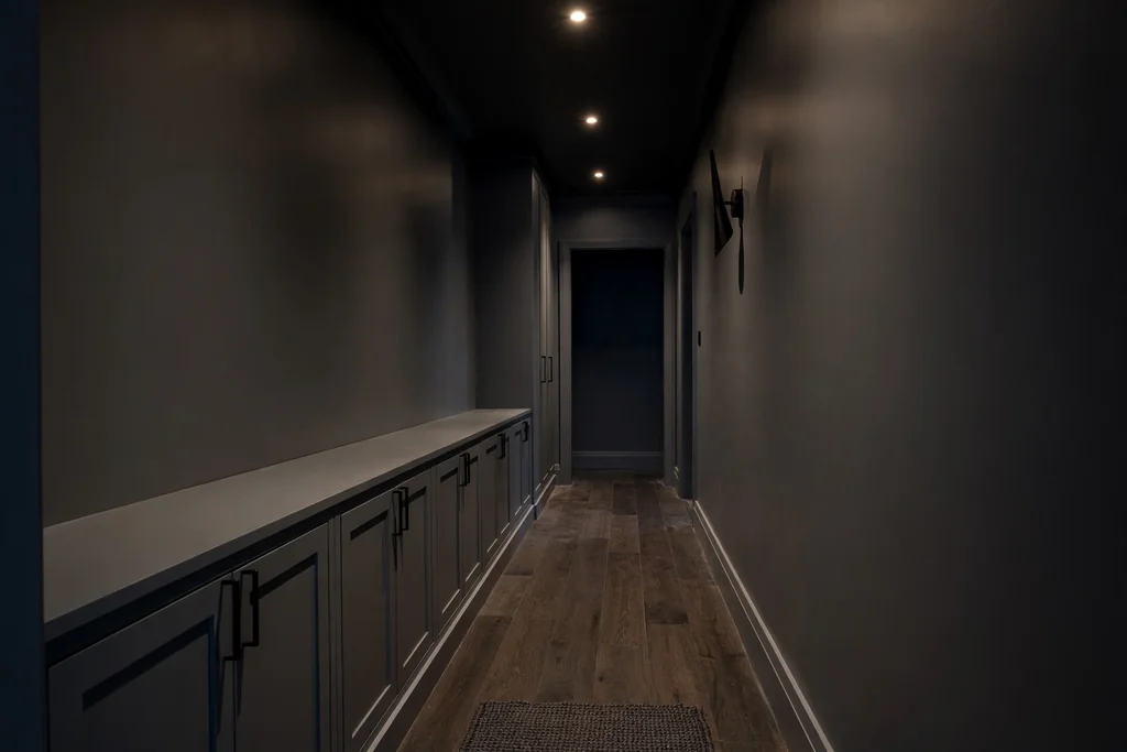 Dark hallway with shallow built-in cupboards painted to match the walls.