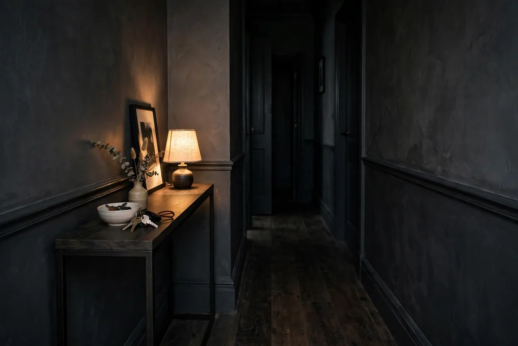 Slim console table in a dark hallway with a small lamp and a key bowl.