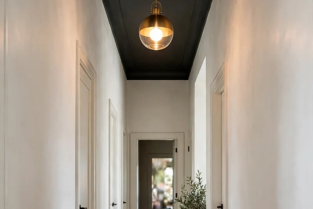 Tall hallway with a dark painted ceiling, pale walls, and a hanging light.