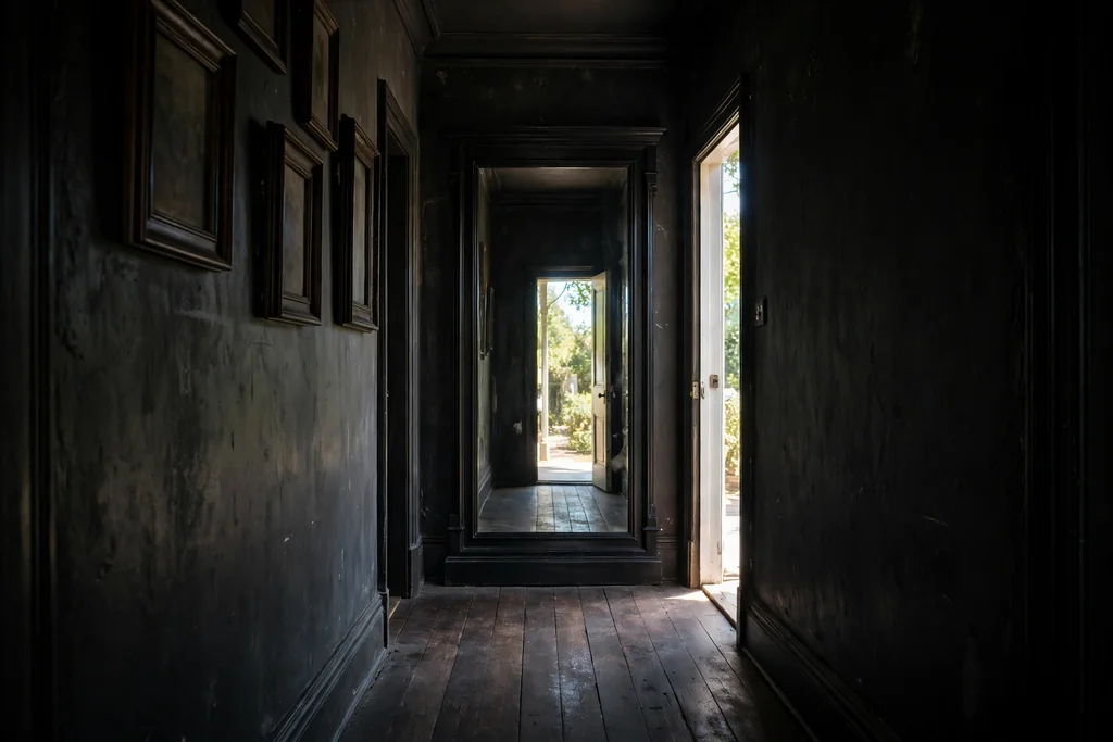 Hallway with a large mirror on the far end wall catching daylight.