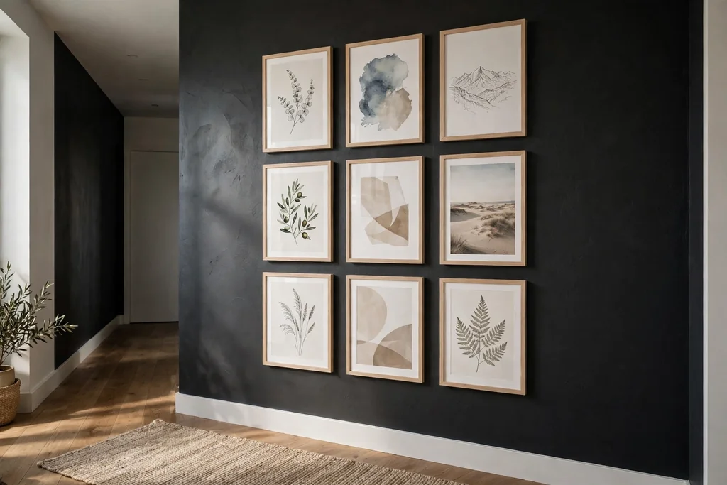 Dark hallway wall with a gallery of prints in light wood frames.