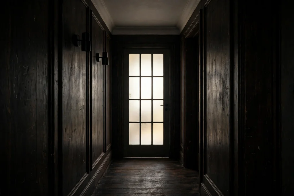 Dark hallway ending in a glazed interior door with frosted panes.