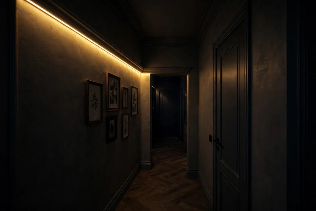 Dark hallway with a warm LED glow along a picture rail near the ceiling.