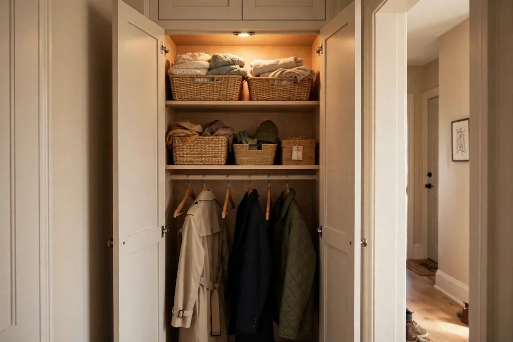 Hallway cupboard with a small light inside showing shelves and coats.