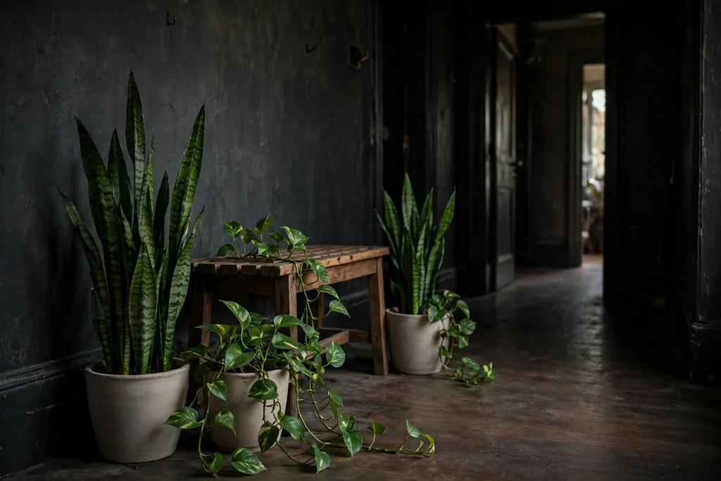 Dark hallway with snake plants and pothos in plain ceramic pots.