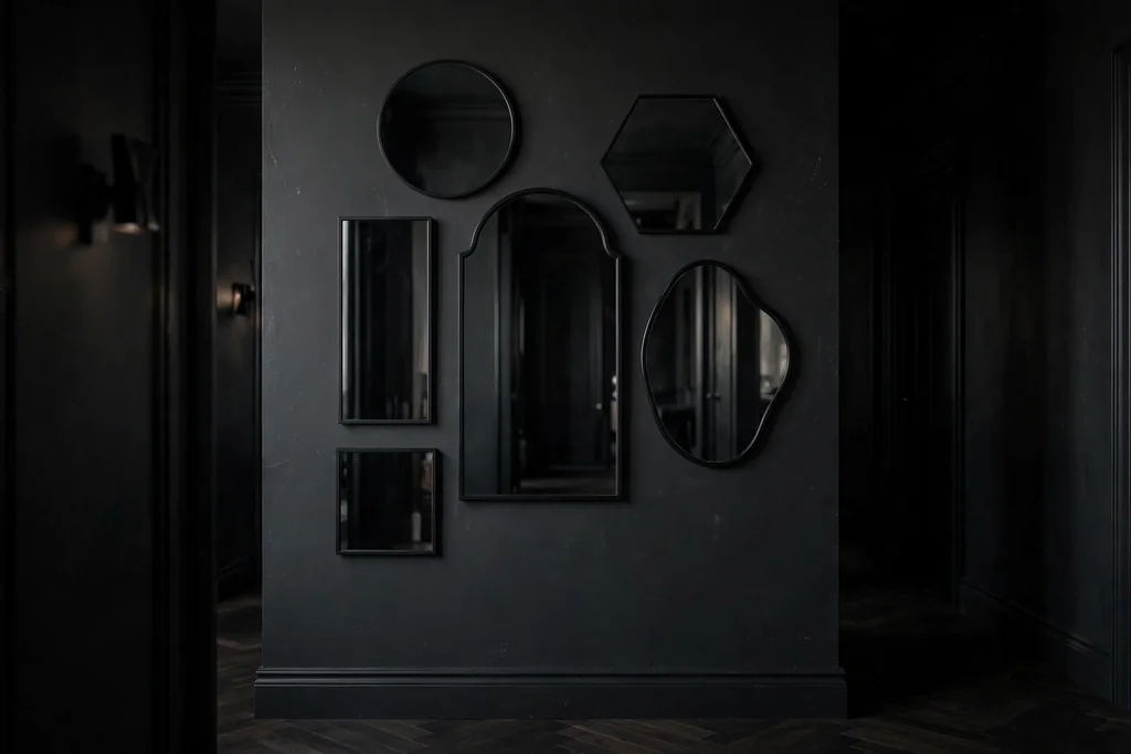 Hallway wall with a group of mirrors in plain black frames.