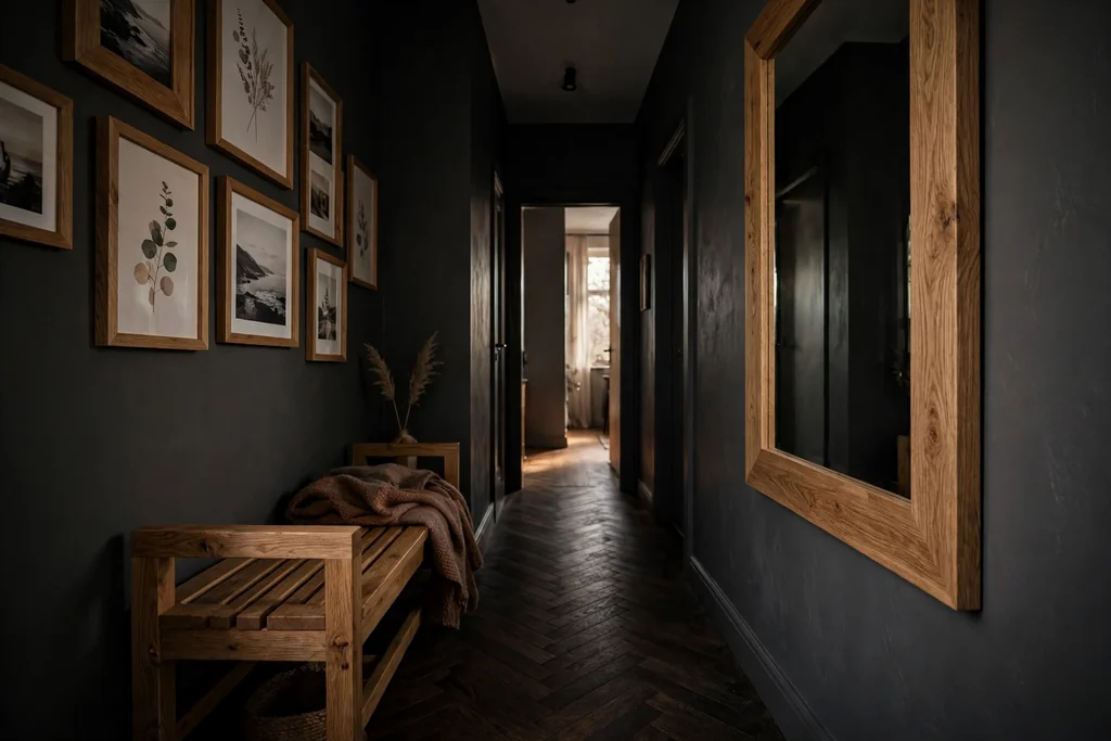 Dark hallway warmed by a natural oak bench and wooden frames.