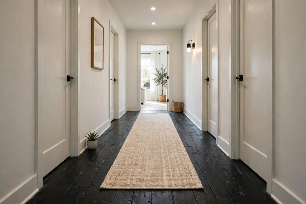 Hallway with floorboards painted deep charcoal and pale walls.