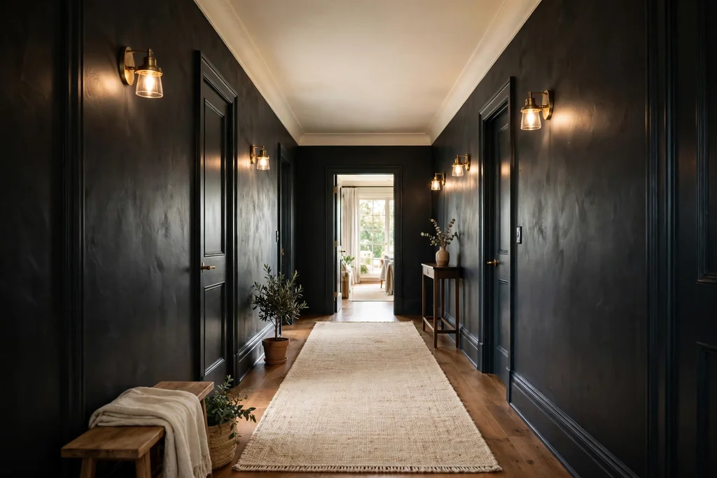 Dark hallway walls balanced by a pale ceiling and a pale runner.