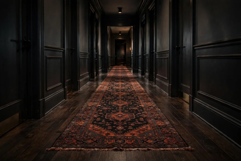 Dark hallway floor with a long patterned runner in deep tones.