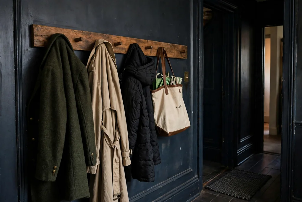 Wooden peg rail on a dark hallway wall holding coats and a bag.
