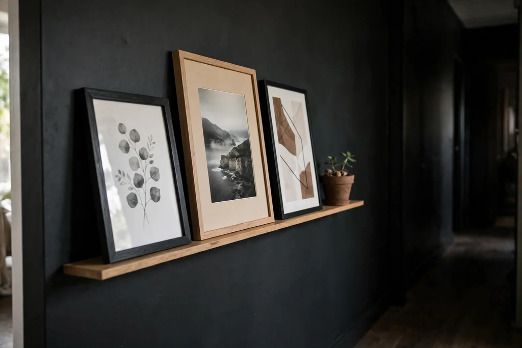 Slim picture ledge on a dark hallway wall with leaning frames and a plant.