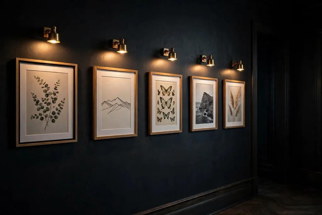Dark hallway wall with framed prints lit by small picture lights.