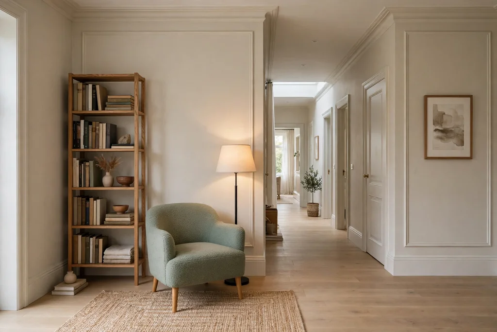 Wide hallway landing with a small chair, a floor lamp, and a shelf.