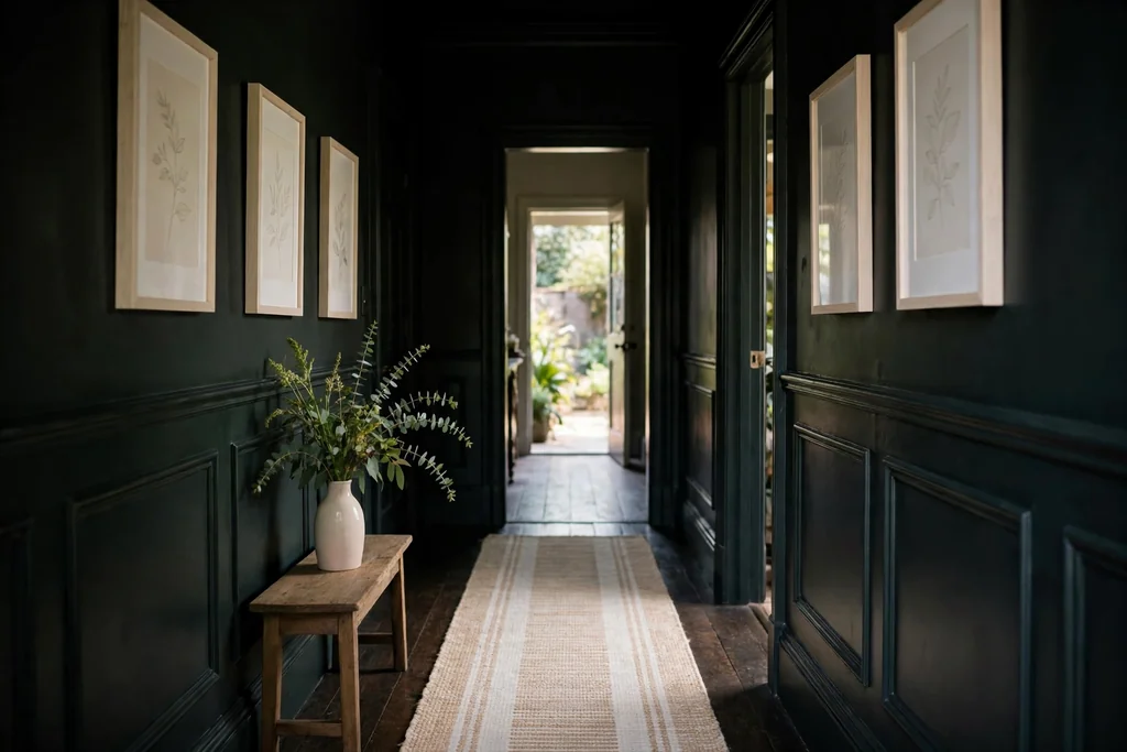 Dark hallway with a light summer runner, pale art, and green stems.