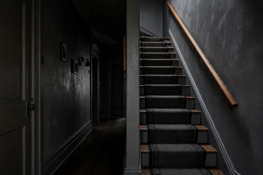 Stairs off a dark hallway with a dark carpet runner on the treads.