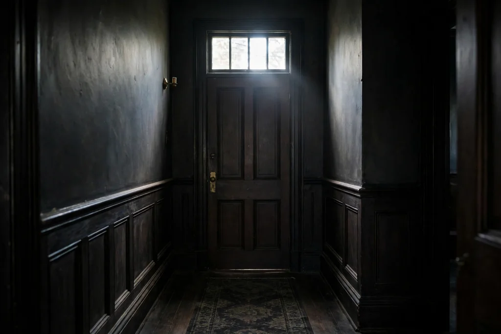 Interior door in a dark hallway with a transom window above it.