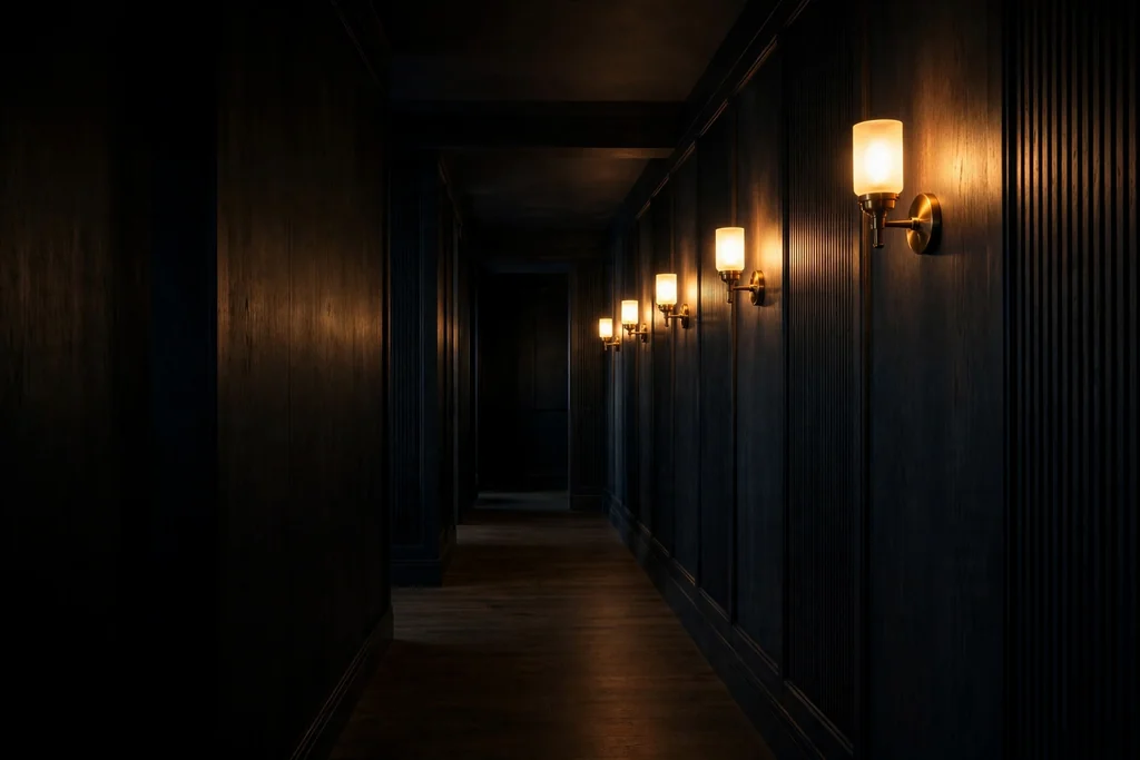 Dark hallway lit by a row of warm wall sconces at even spacing.