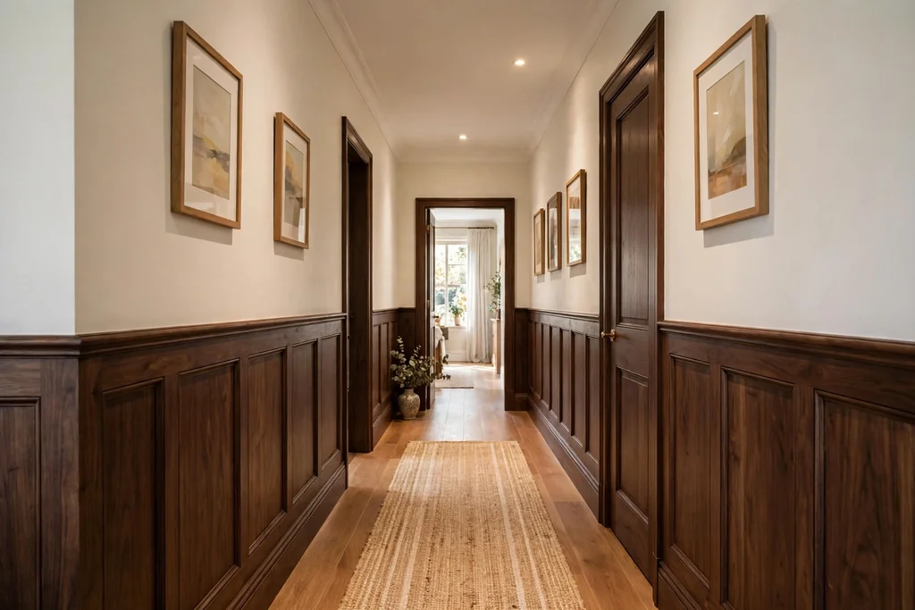 Hallway with dark wood paneling on the lower walls and pale walls above.