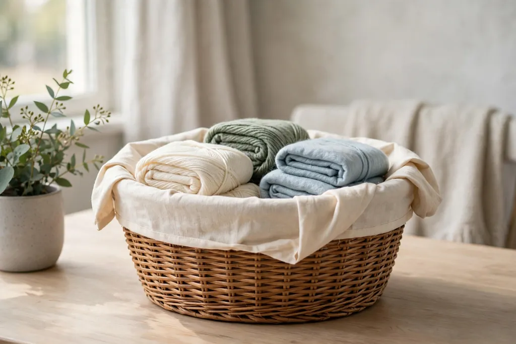 Woven basket with a cream fabric liner folded over the rim, holding folded yarn.