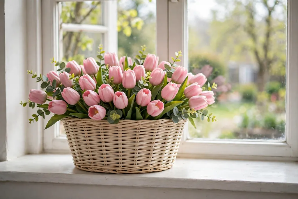 Light basket filled with pink faux tulips and green leaves on a bright windowsill.