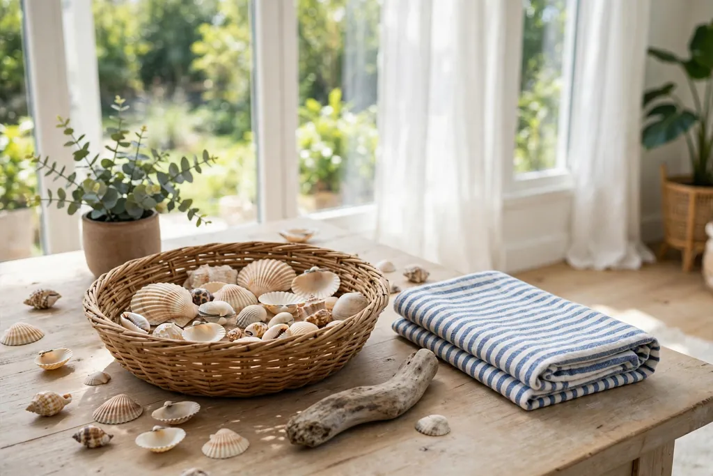 Natural basket with shells, driftwood, and a folded striped towel in a sunroom.