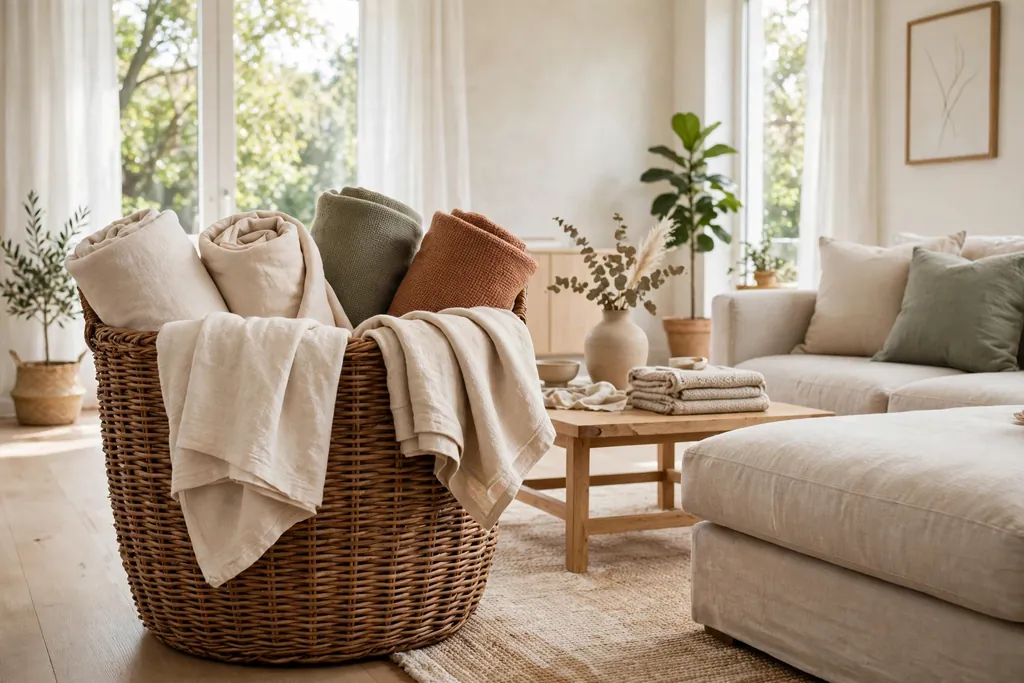 Large deep basket beside a sofa holding rolled throws with tops folded over the rim.