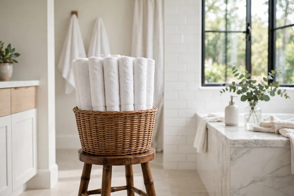 Medium basket on a bathroom stool holding rolled white hand towels standing upright.