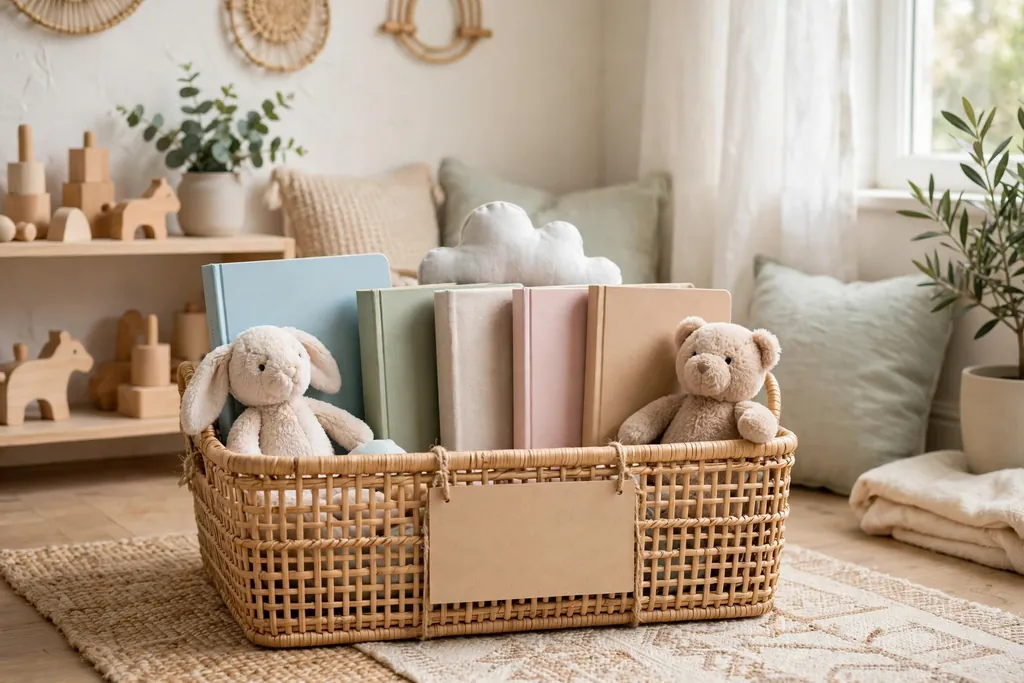 Low wide basket in a play corner holding upright board books and soft toys with a plain label.