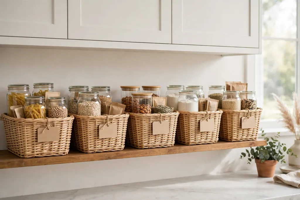 Row of matching baskets on a pantry shelf with plain labels for snacks and baking supplies.