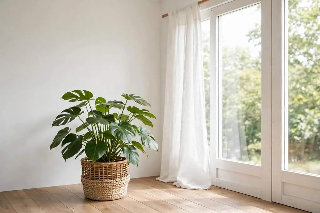 Leafy potted plant in a woven basket cover on a wood floor beside a window.