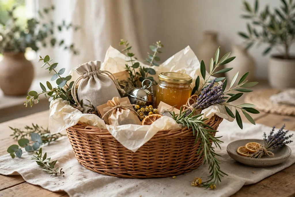 Gift basket lined with tissue paper holding tea items, a small jar, and greenery sprigs.