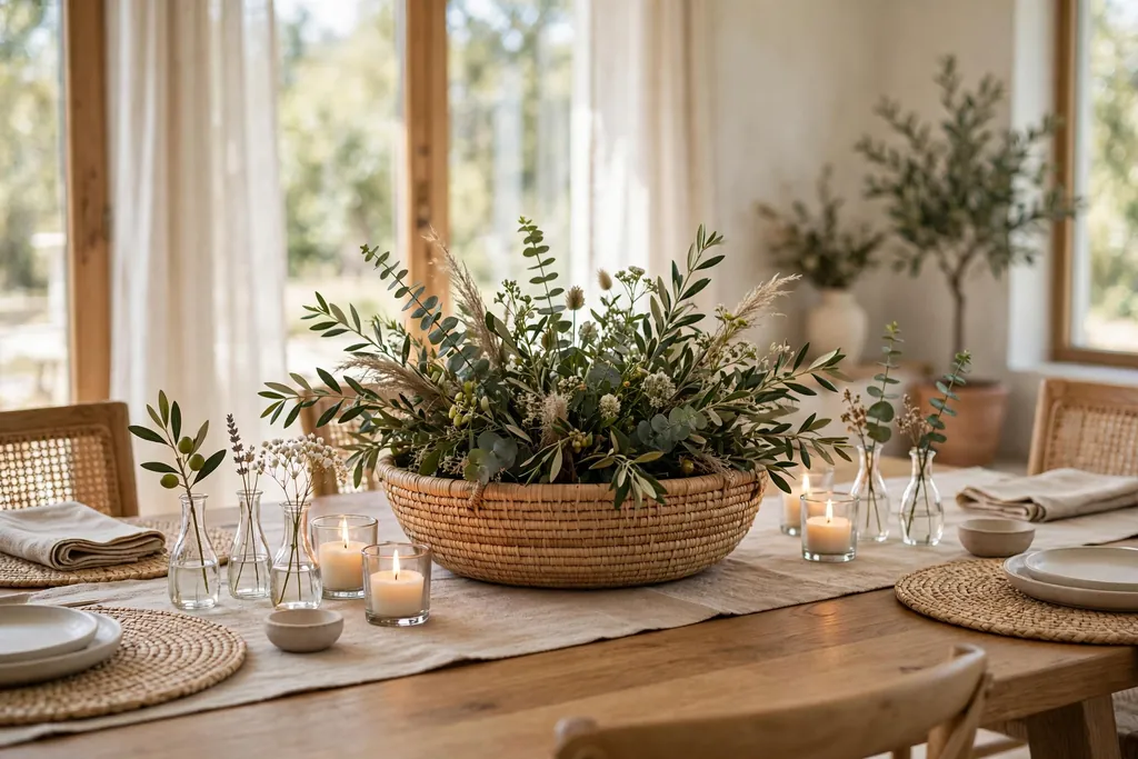 Low wide basket centerpiece on a dining table with candles in holders and small stem vases.
