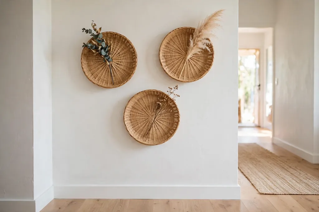 Three flat-backed baskets hung on a wall in a triangle, each with one dried stem.