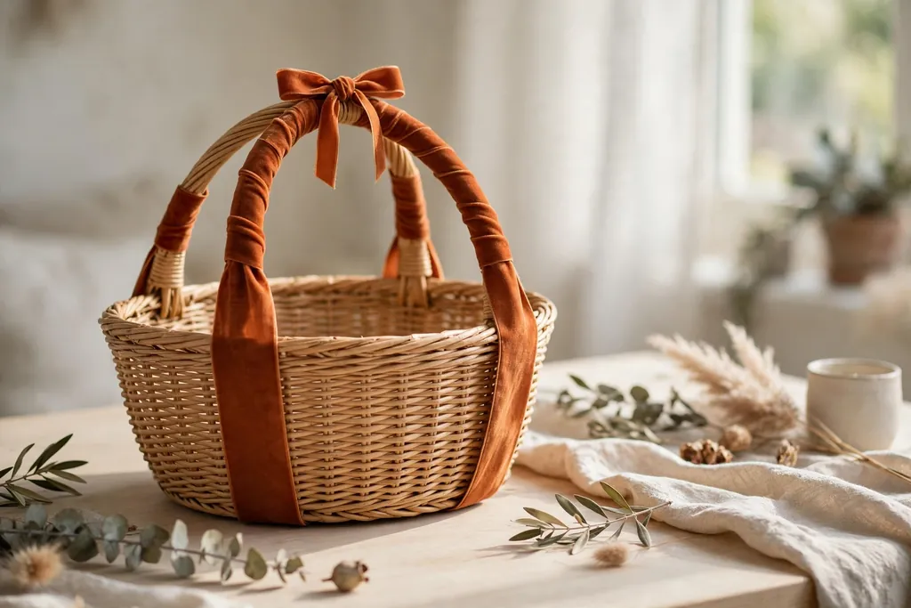 Woven basket with wide rust ribbon wrapped around its handles and a small bow.
