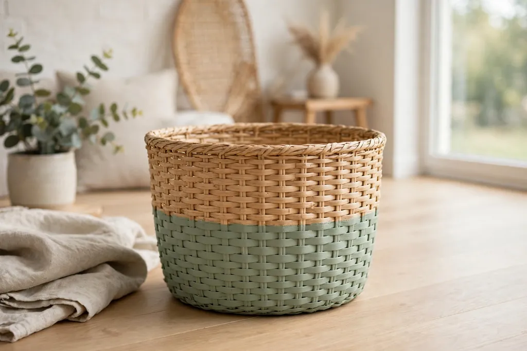 Woven basket with a painted sage green lower half and a natural upper half on a wood floor.