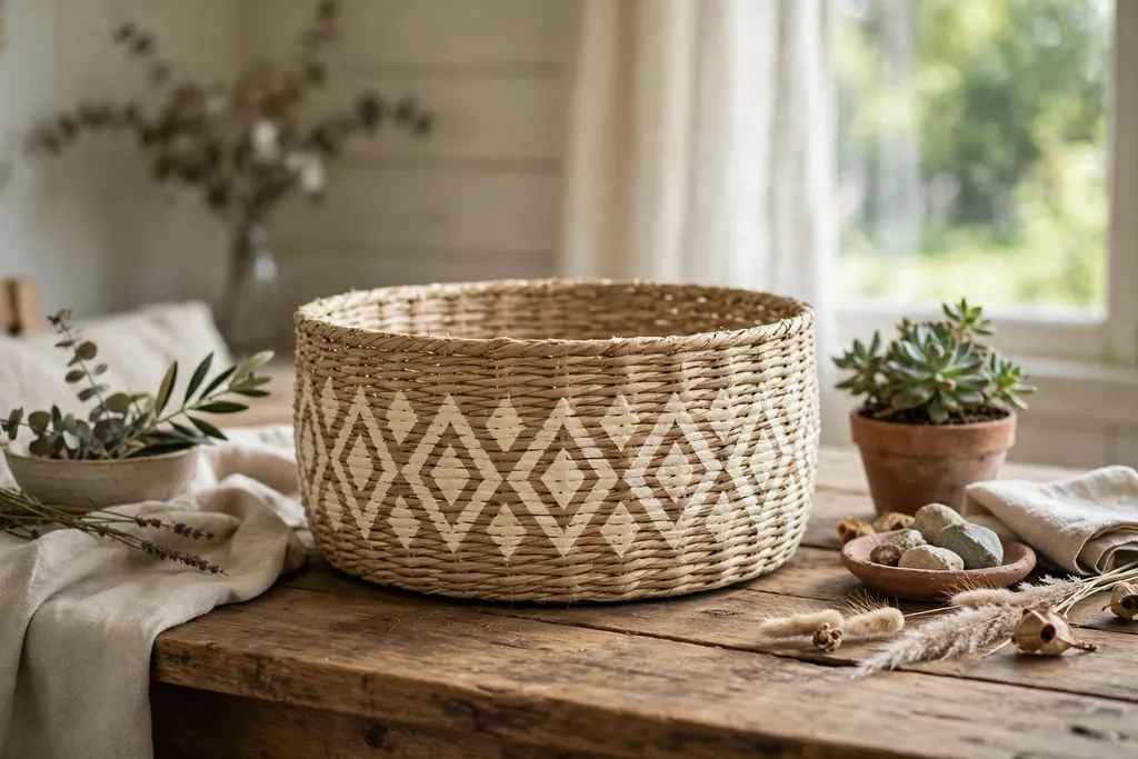 Plain basket with a stenciled diamond pattern around the outside in cream paint.
