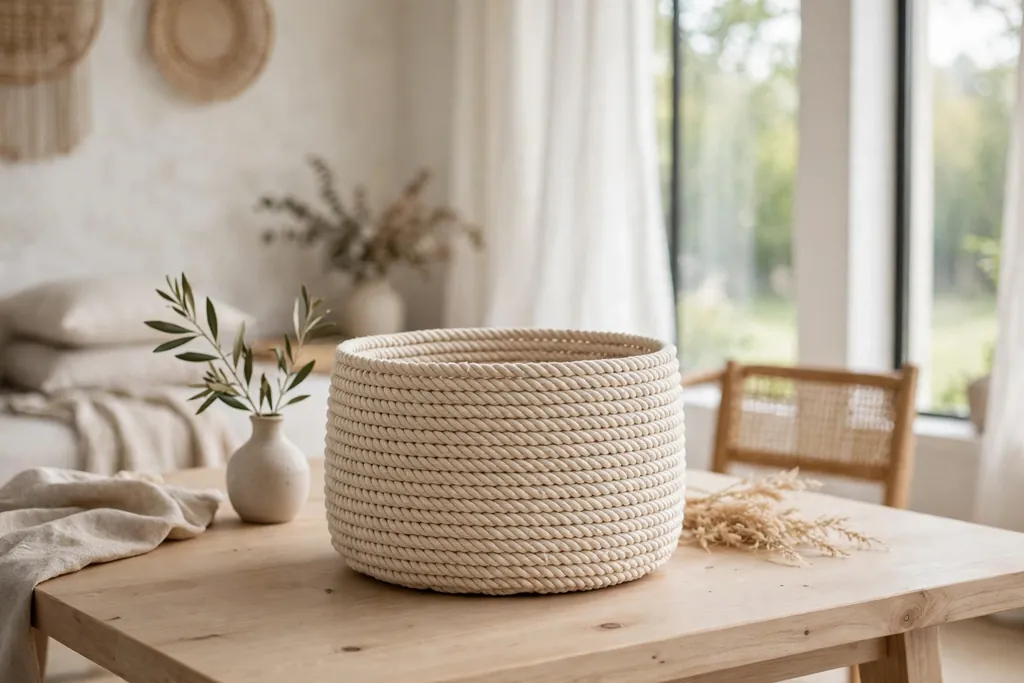 Basket fully wrapped in natural cotton rope, sitting on a light wood table.