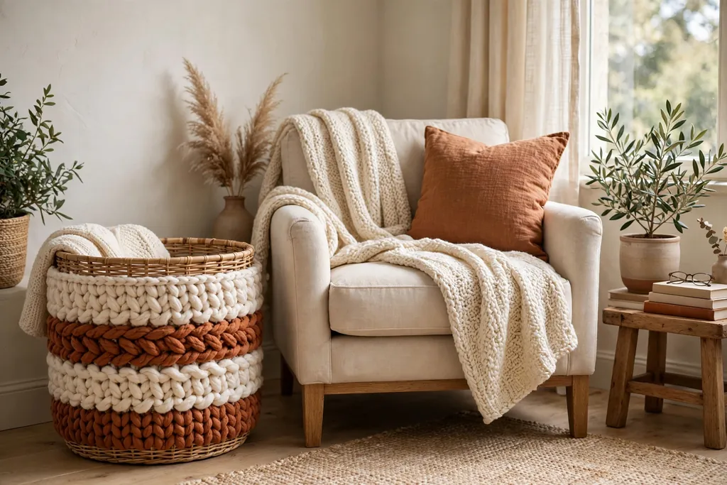 Basket wrapped in chunky cream and rust yarn bands beside a reading chair.