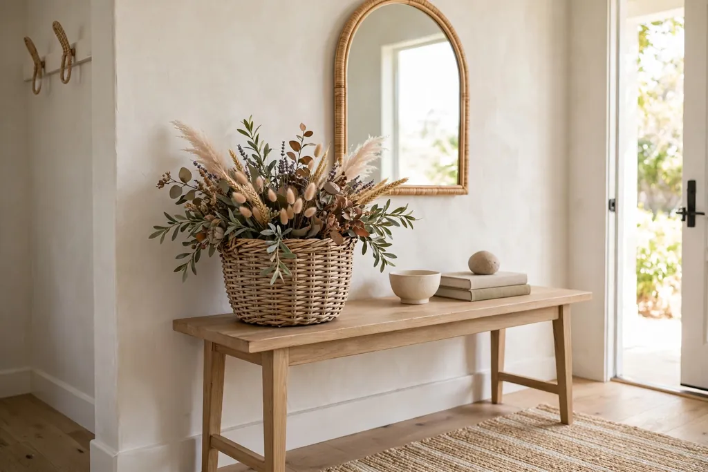 Woven basket with faux greenery and dried flowers tucked around its rim on a console table.