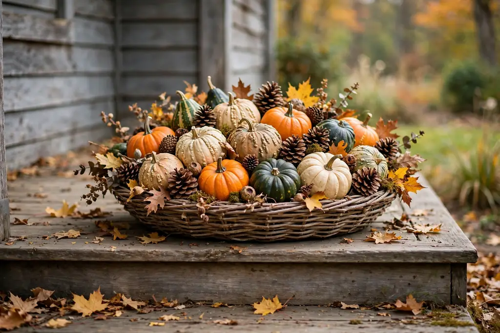Wide shallow basket filled with small pumpkins, gourds, and pinecones on a porch step.