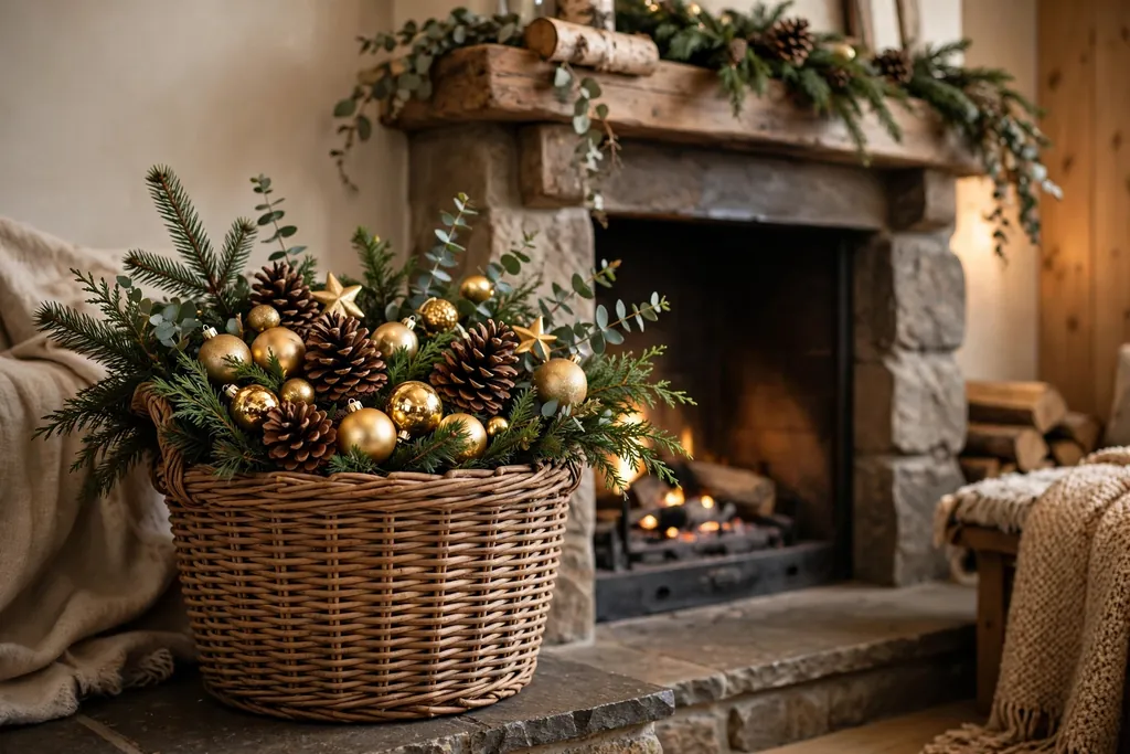 Sturdy basket with pinecones, evergreen sprigs, and gold ornaments beside a fireplace.