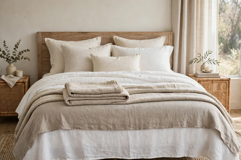 A bed dressed with layered white and oat linen bedding, folded blankets, and a few cream pillows.