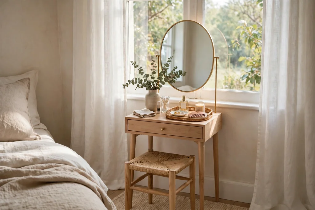A small dressing table by a bedroom window, with a mirror, a stool, and a small tray.